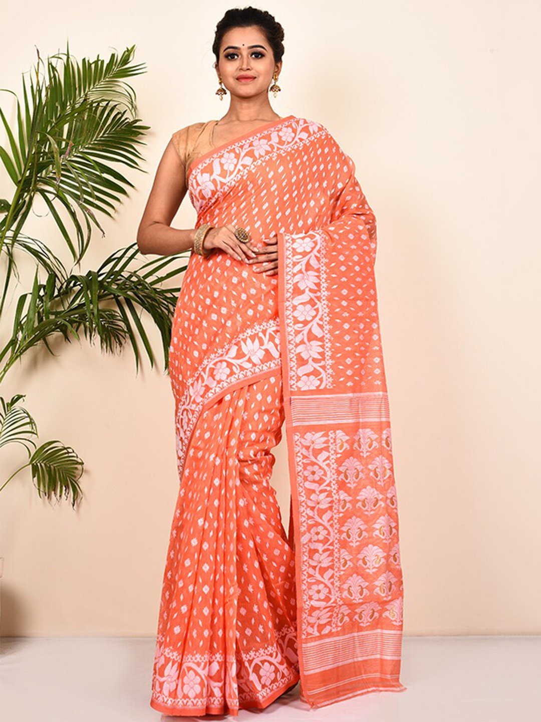 

AllSilks Woven Design Pure Cotton Taant Saree, Orange