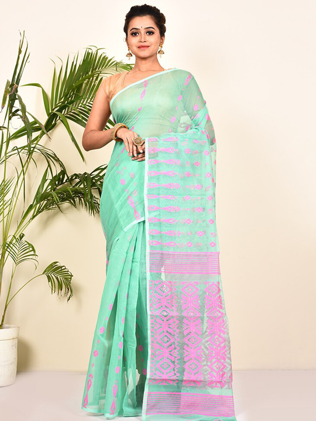 

AllSilks Woven Design Pure Cotton Taant Saree, Green