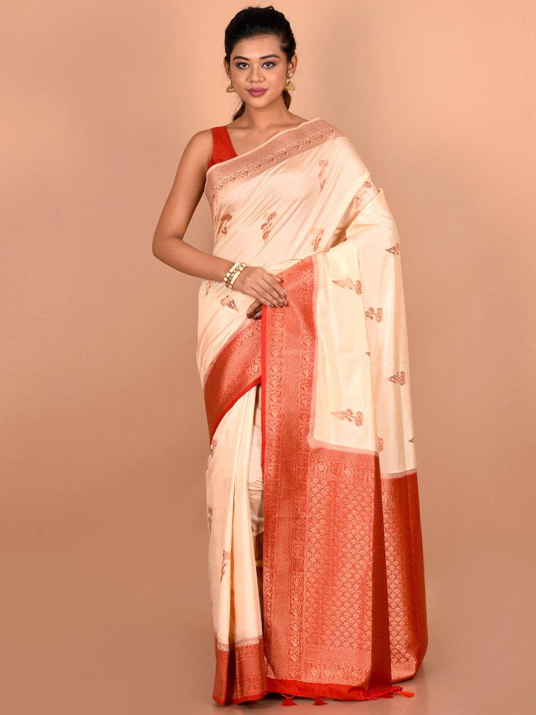 

AllSilks Woven Design Zari Silk Blend Saree, Cream