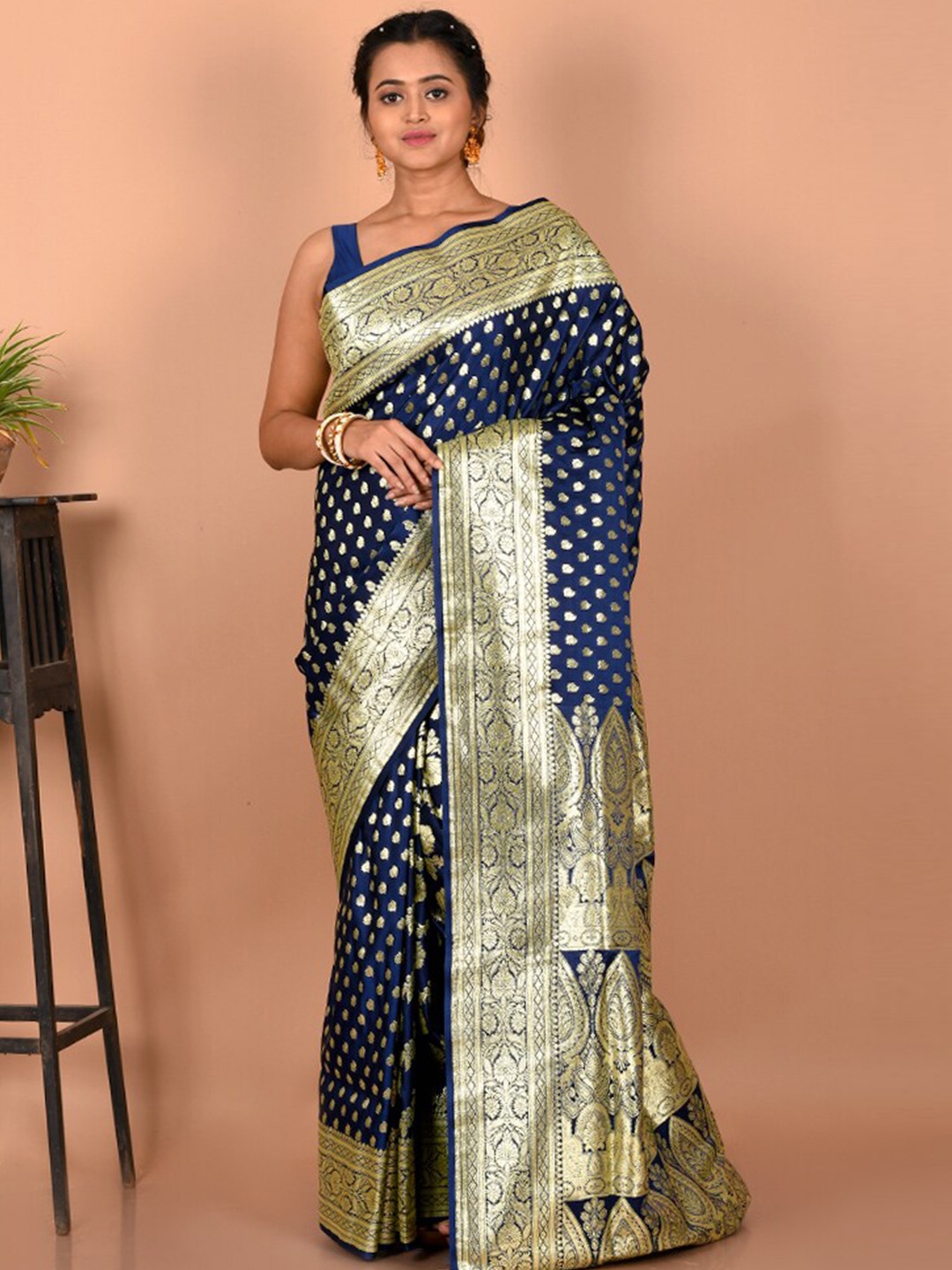 

AllSilks Woven Design Zari Silk Blend Banarasi Saree, Blue