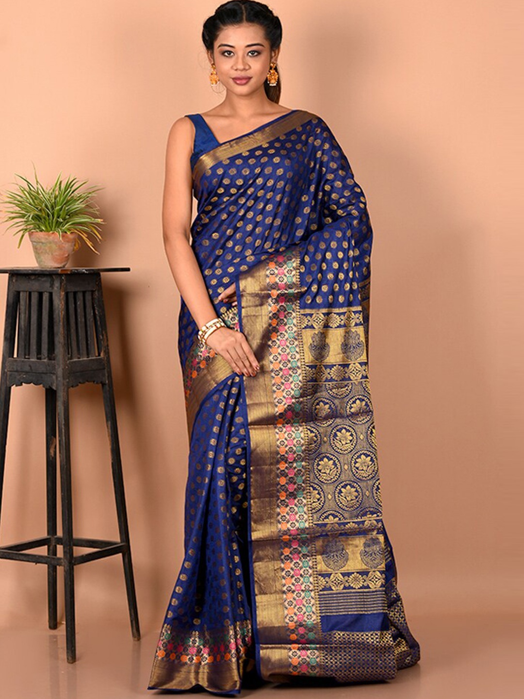 

AllSilks Woven Design Zari Silk Blend Saree, Blue