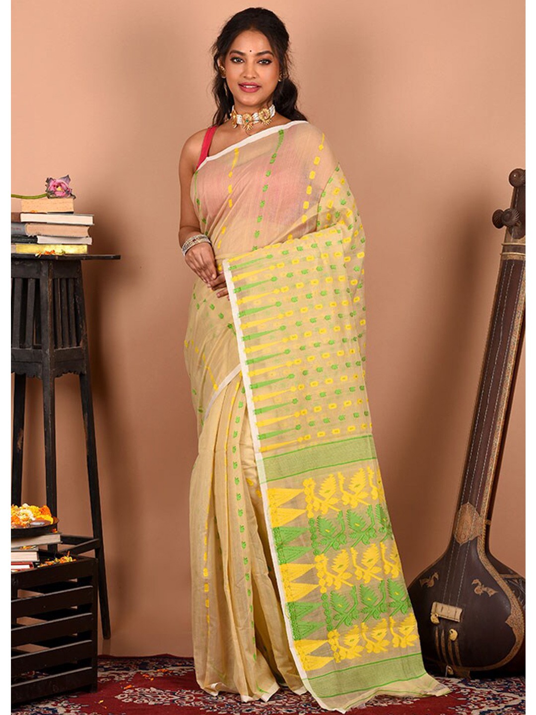 

AllSilks Woven Design Pure Cotton Taant Saree, Beige