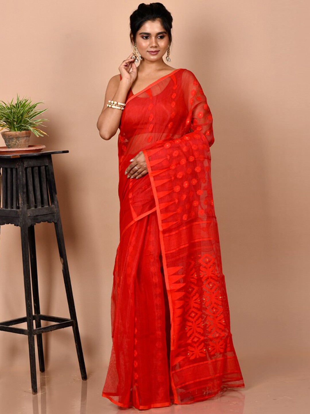 

AllSilks Woven Design Pure Cotton Taant Saree, Red