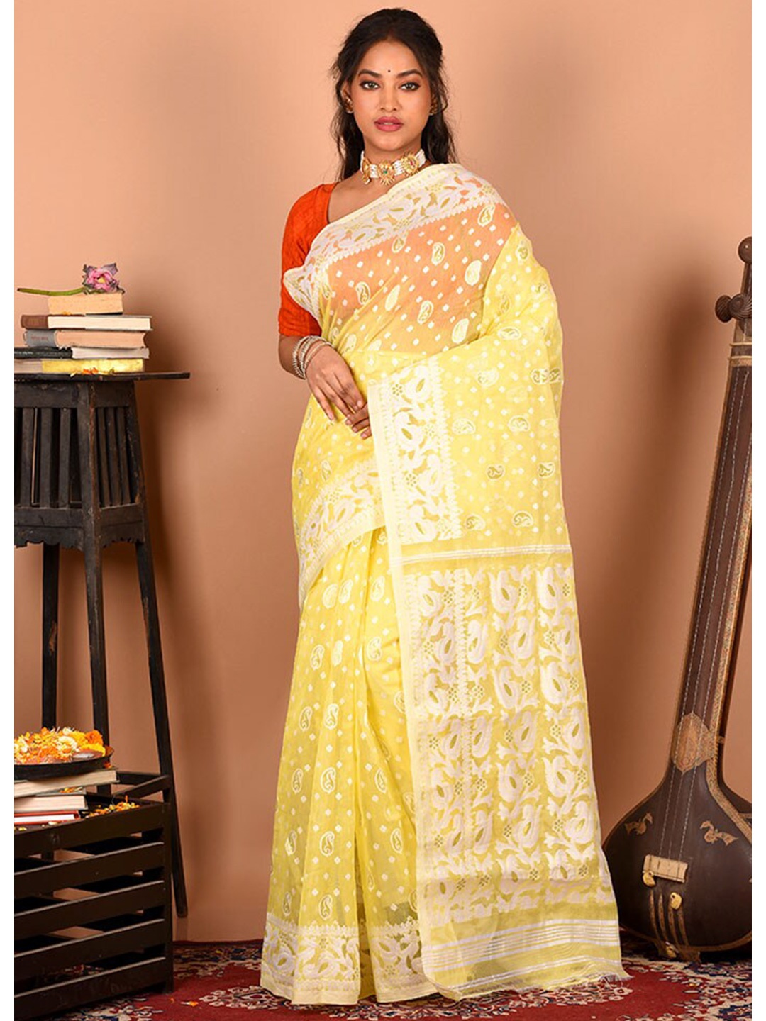 

AllSilks Woven Design Pure Cotton Taant Saree, Yellow