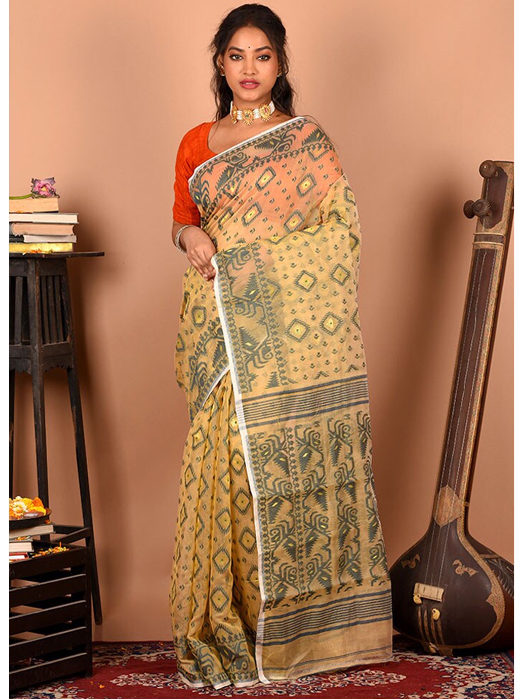 

AllSilks Woven Design Pure Cotton Taant Saree, Cream