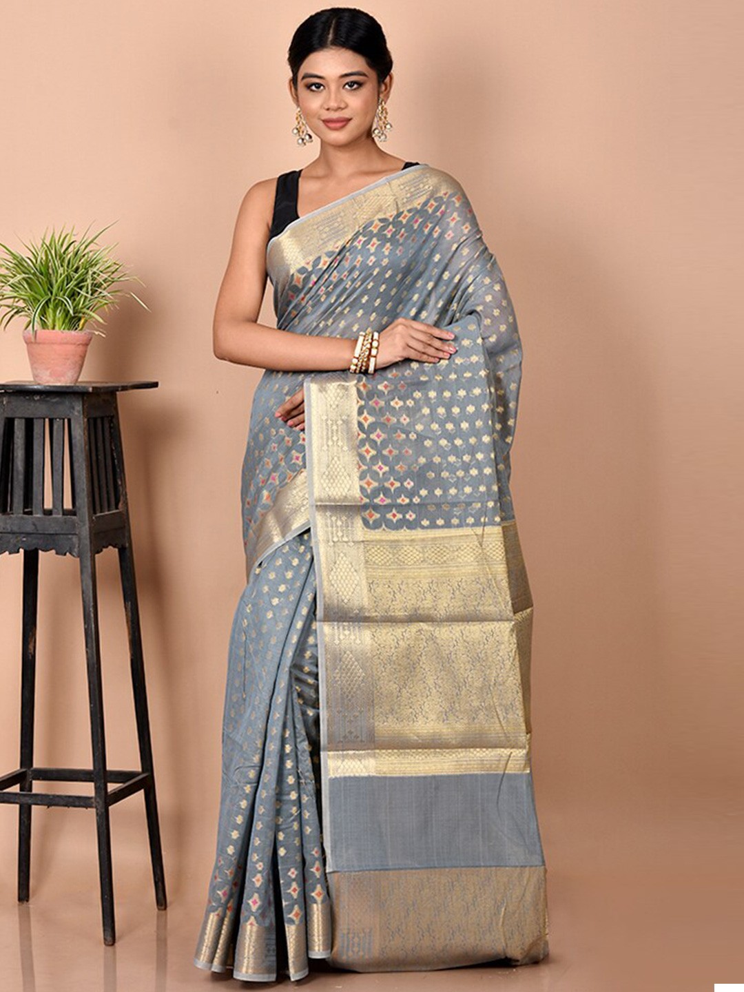 

AllSilks Woven Design Zari Silk Blend Saree, Grey