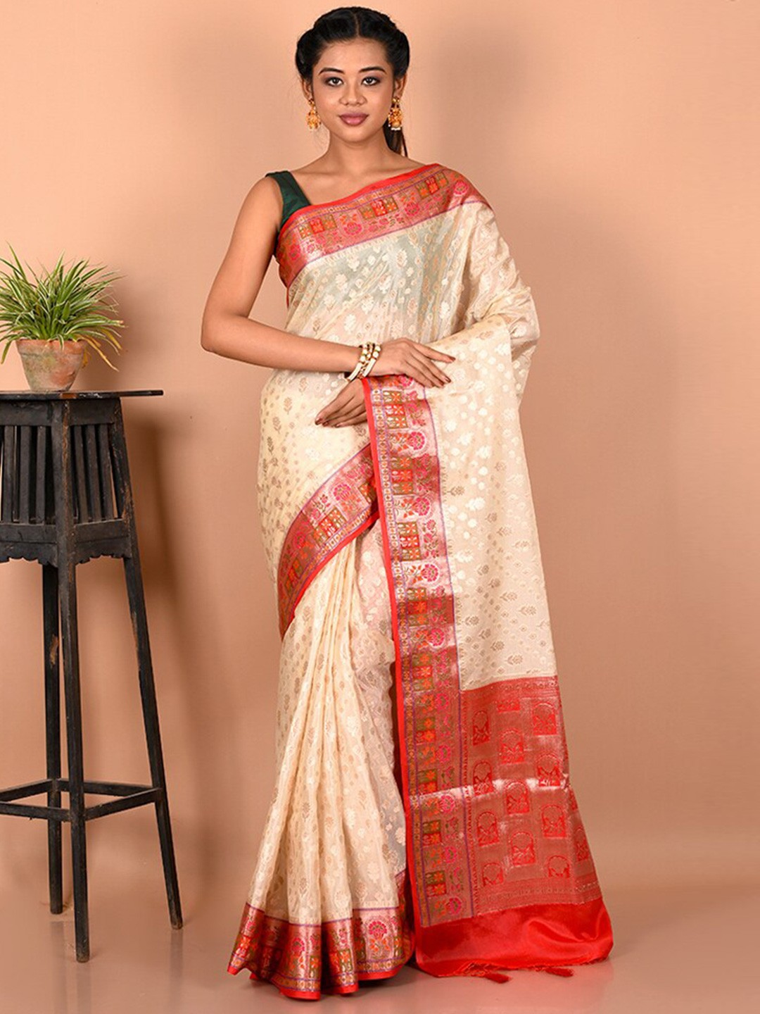 

AllSilks Woven Design Zari Silk Blend Saree, Cream
