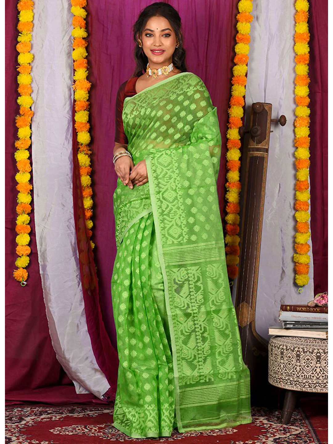 

AllSilks Green Woven Design Pure Cotton Taant Saree