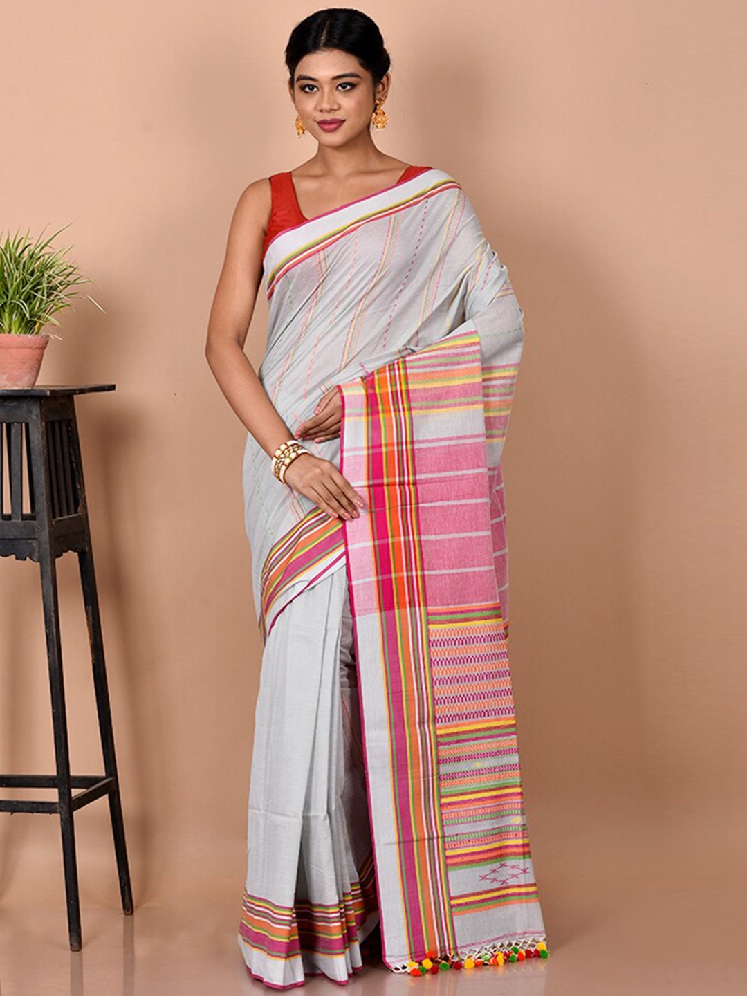 

AllSilks Grey & Pink Striped Silk Blend Saree