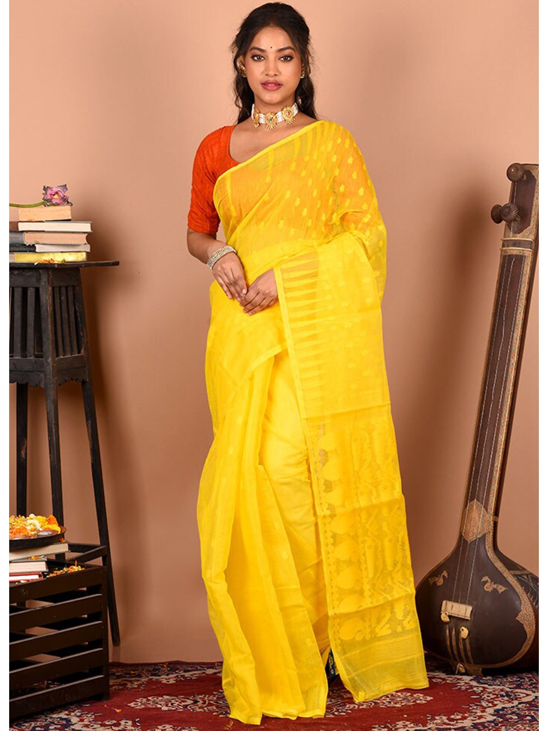 

AllSilks Yellow Woven Design Pure Cotton Taant Saree