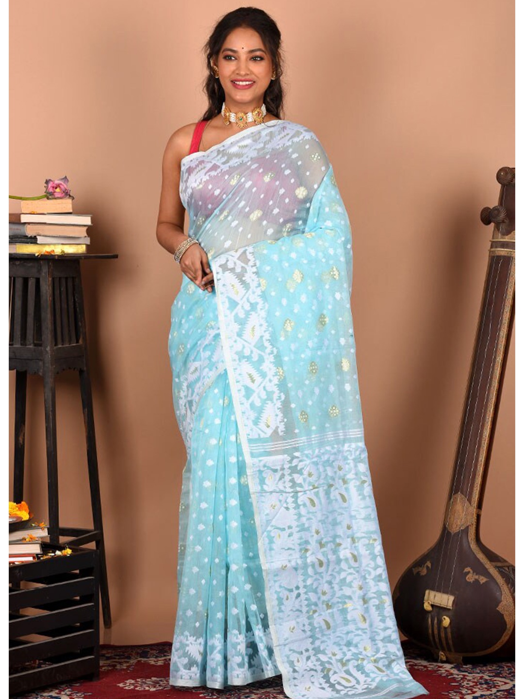 

AllSilks Blue & White Woven Design Pure Cotton Taant Saree