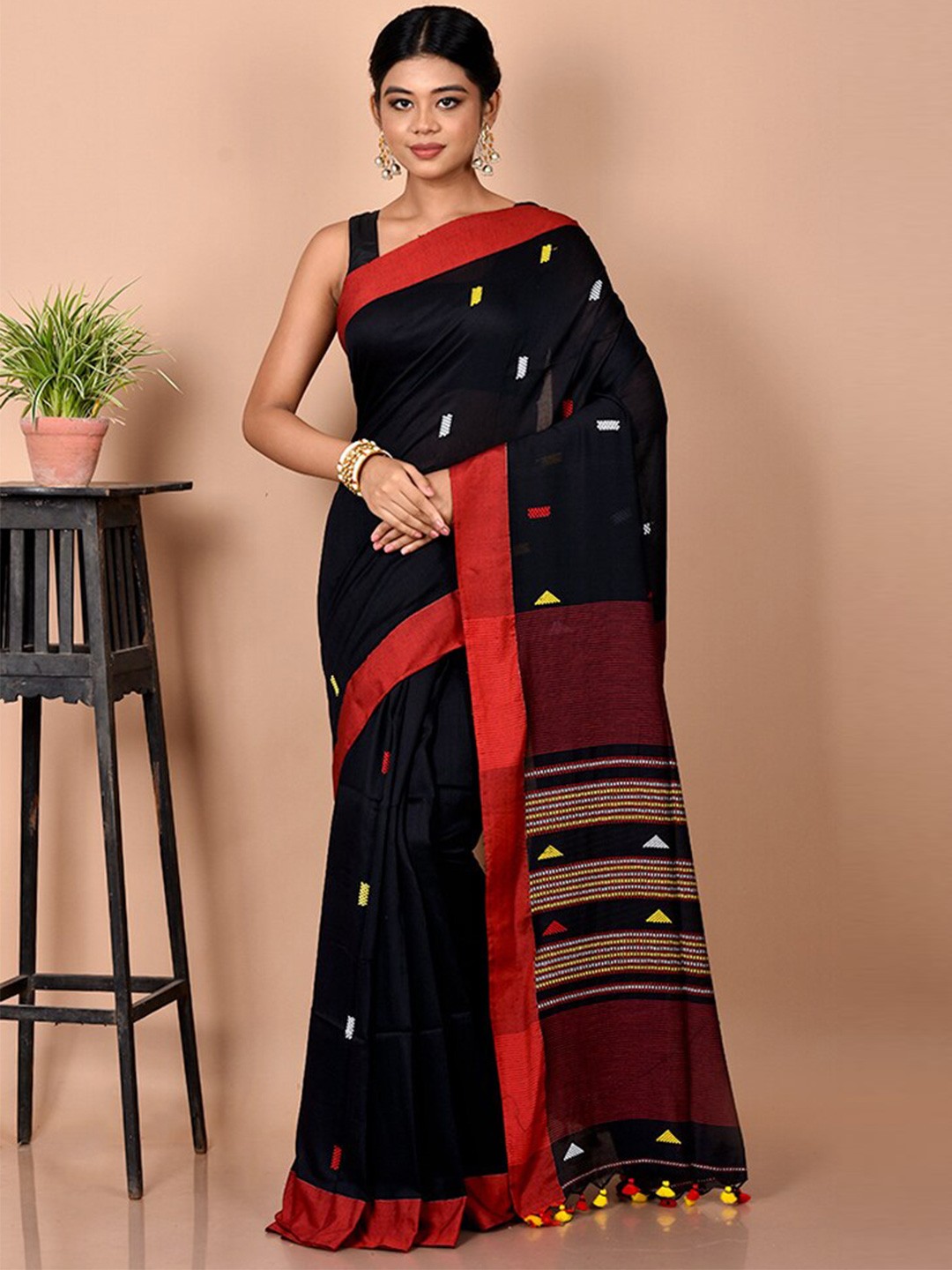 

AllSilks Black & Red Woven Design Silk Blend Saree
