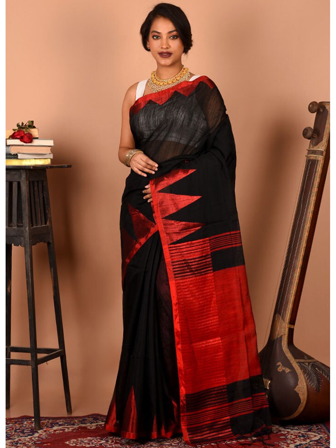 

AllSilks Black & Red Woven Design Silk Blend Saree