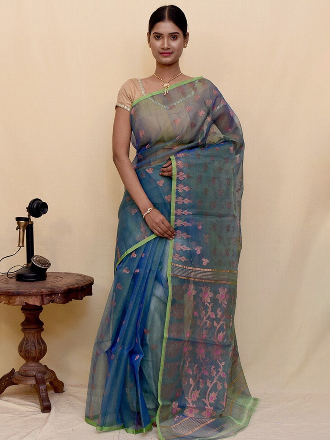

AllSilks Blue & Purple Woven Design Pure Cotton Taant Saree