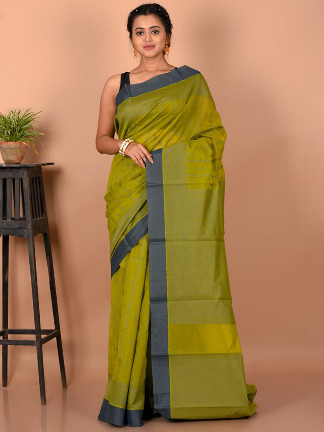 

AllSilks Green & Grey Woven Design Saree