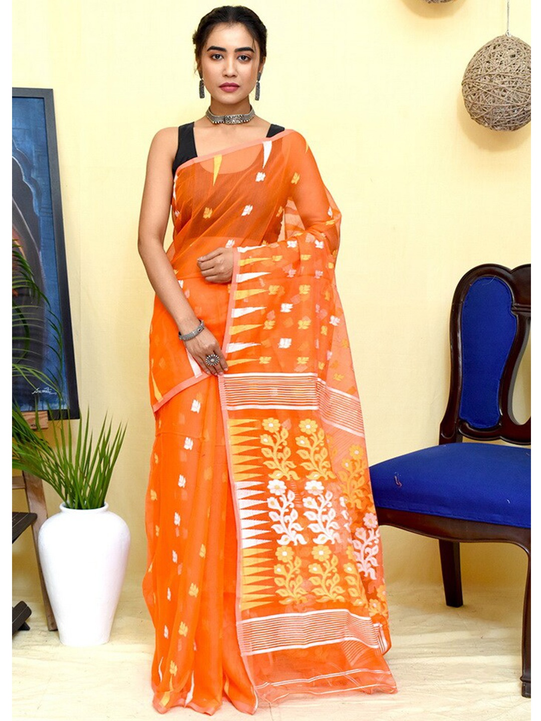 

AllSilks Orange & Yellow Woven Design Pure Cotton Taant Saree