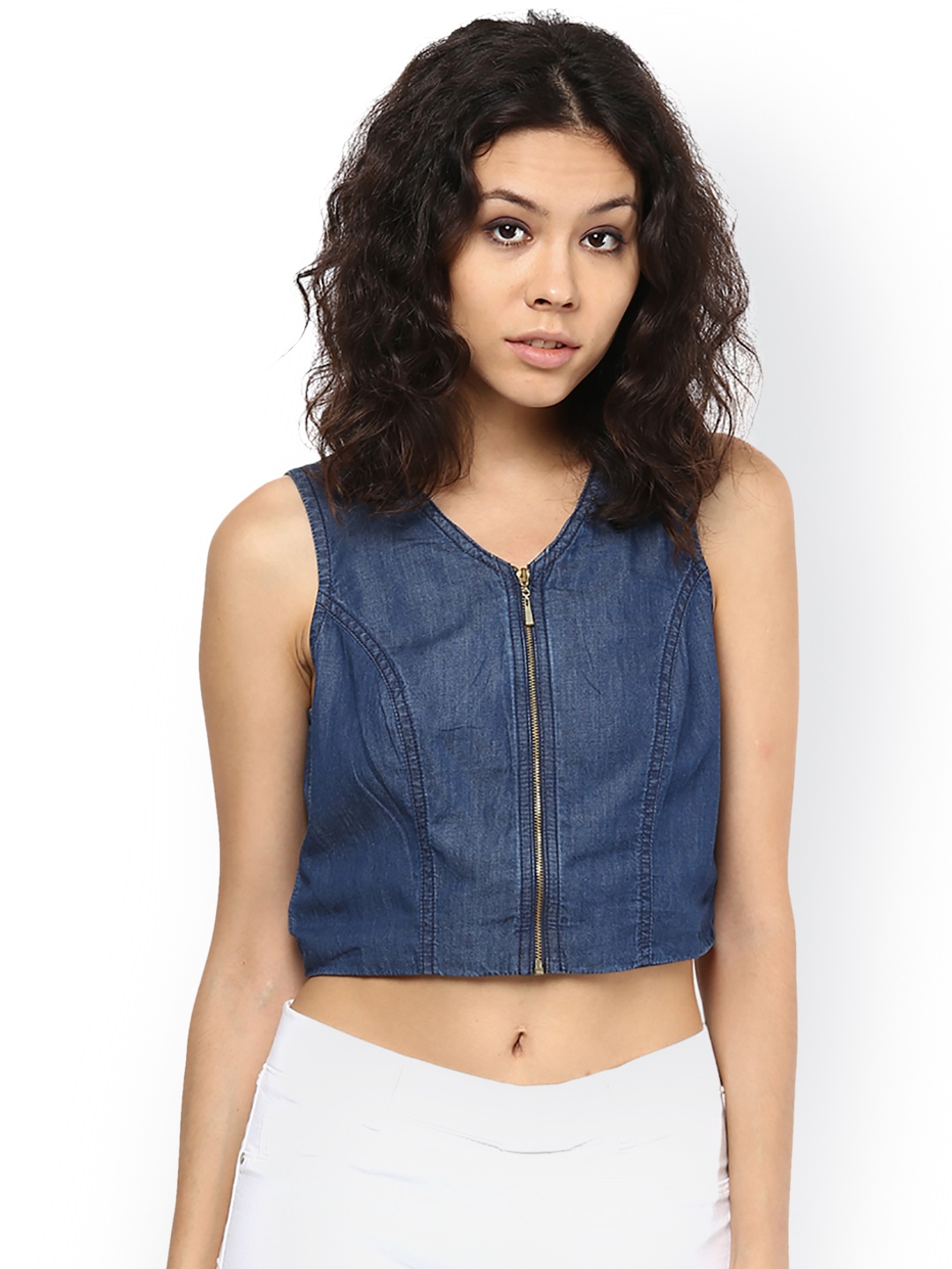 

109F Women Navy Blue Solid Crop Pure Cotton Top