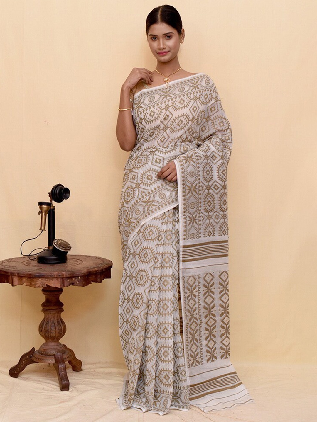 

AllSilks White & Gold-Toned Woven Design Pure Cotton Taant Saree