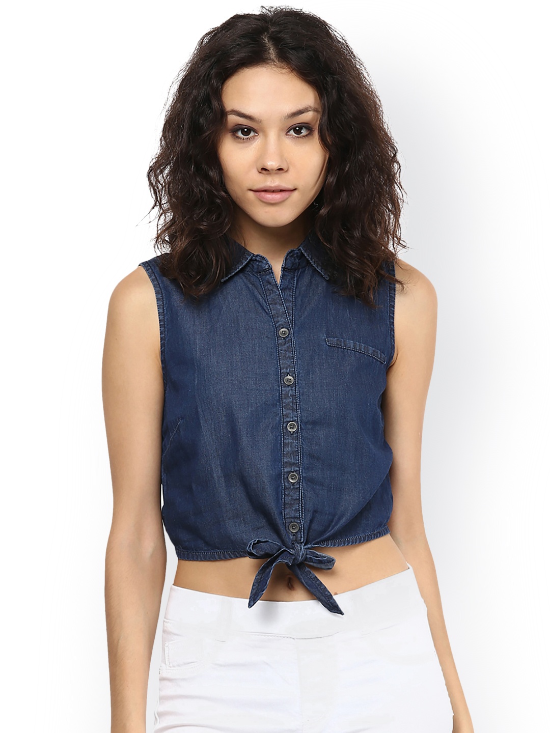 

109F Women Navy Blue Solid Shirt Style Top
