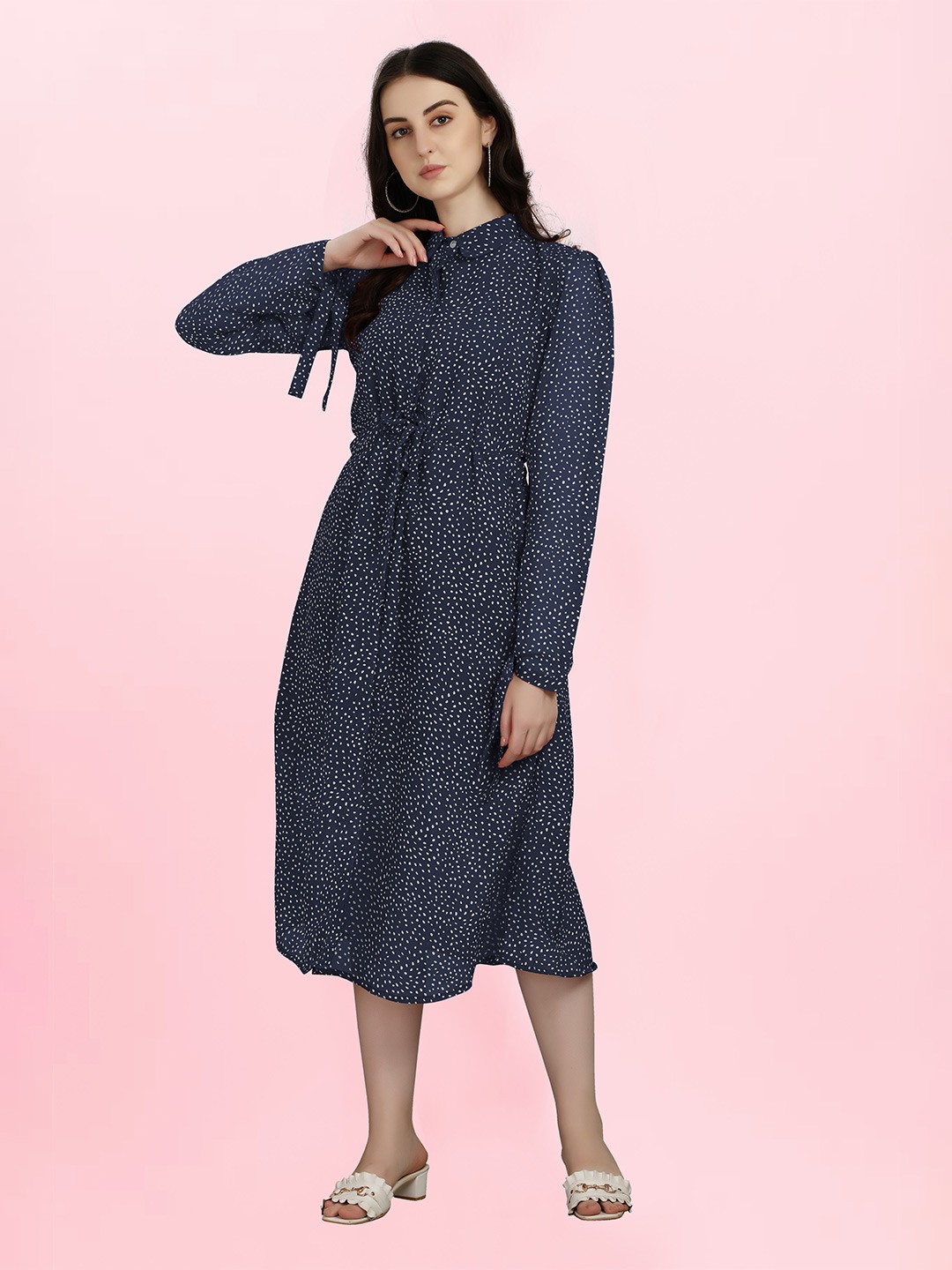 

Urban Luxe Polka Dots Printed Crepe A-Line Midi Dress, Blue