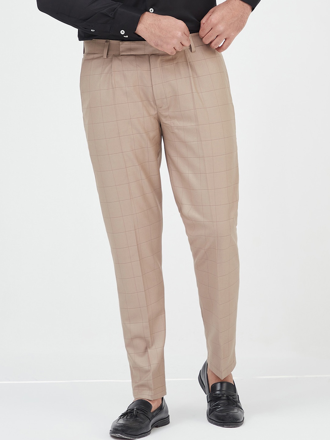 

MR BUTTON Men Checked Slim Fit Pleated Trousers, Beige