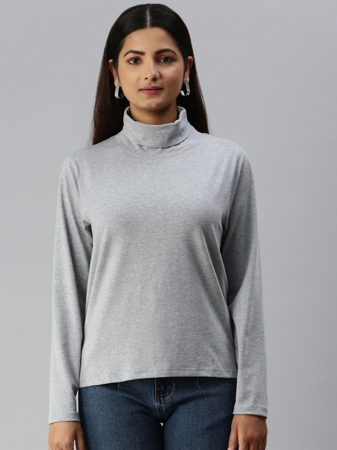 

Kryptic Women Stretchable Solid High Neck T-shirt, Grey