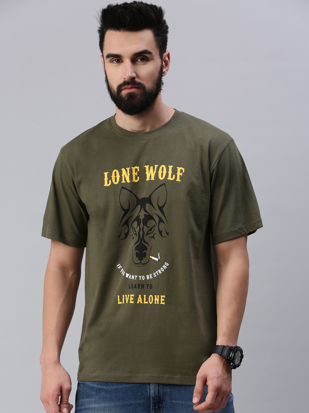 

Rodzen Men Typography Printed Cotton T-shirt, Olive