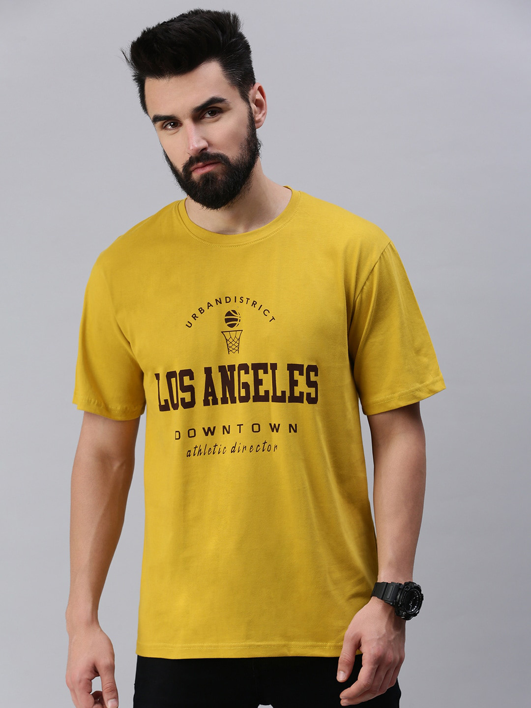 

Rodzen Men Typography Printed Oversize Cotton T-shirt, Mustard