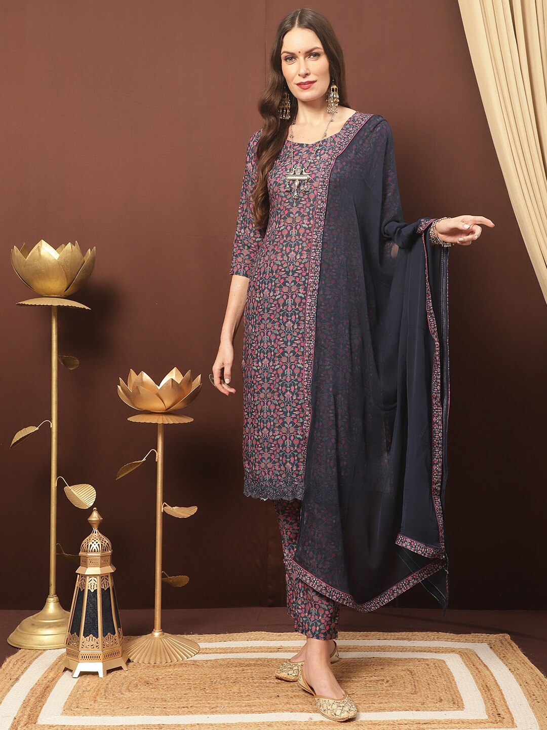 

Stylee LIFESTYLE Floral Printed Unstitched Dress Material, Navy blue