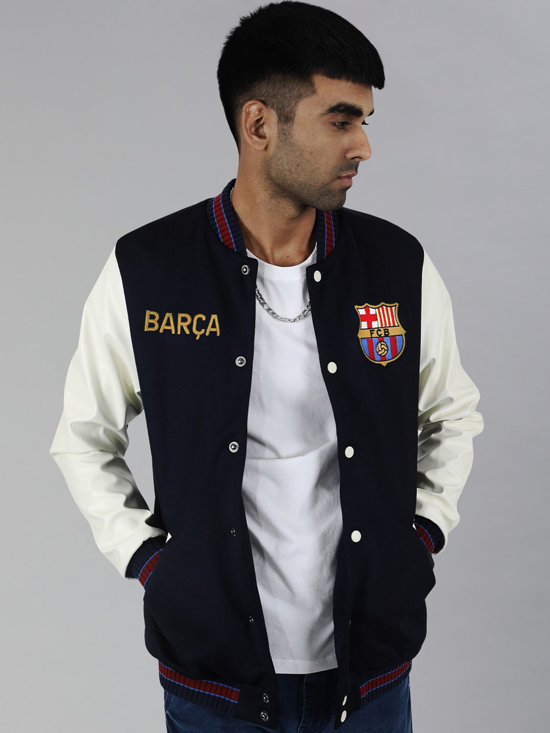 

FC Barcelona Men Collarless Varsity Jacket, Navy blue