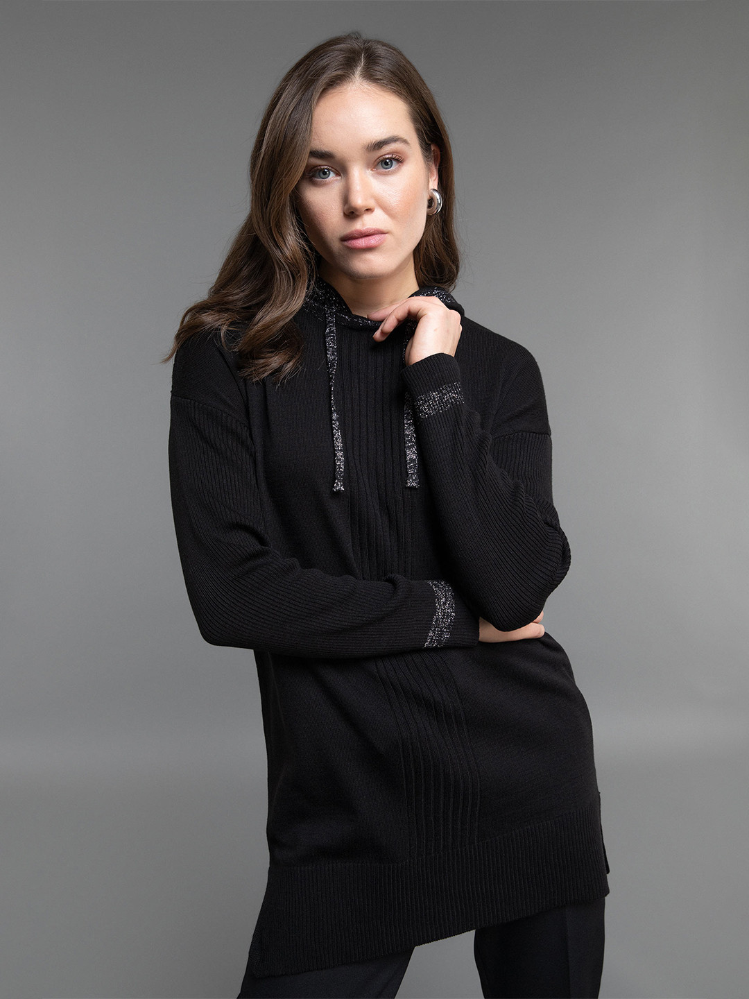 

DeFacto Hooded Longline Acrylic Pullover, Black