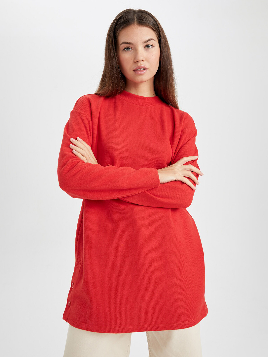 

DeFacto Women Button Detail Pullover, Red