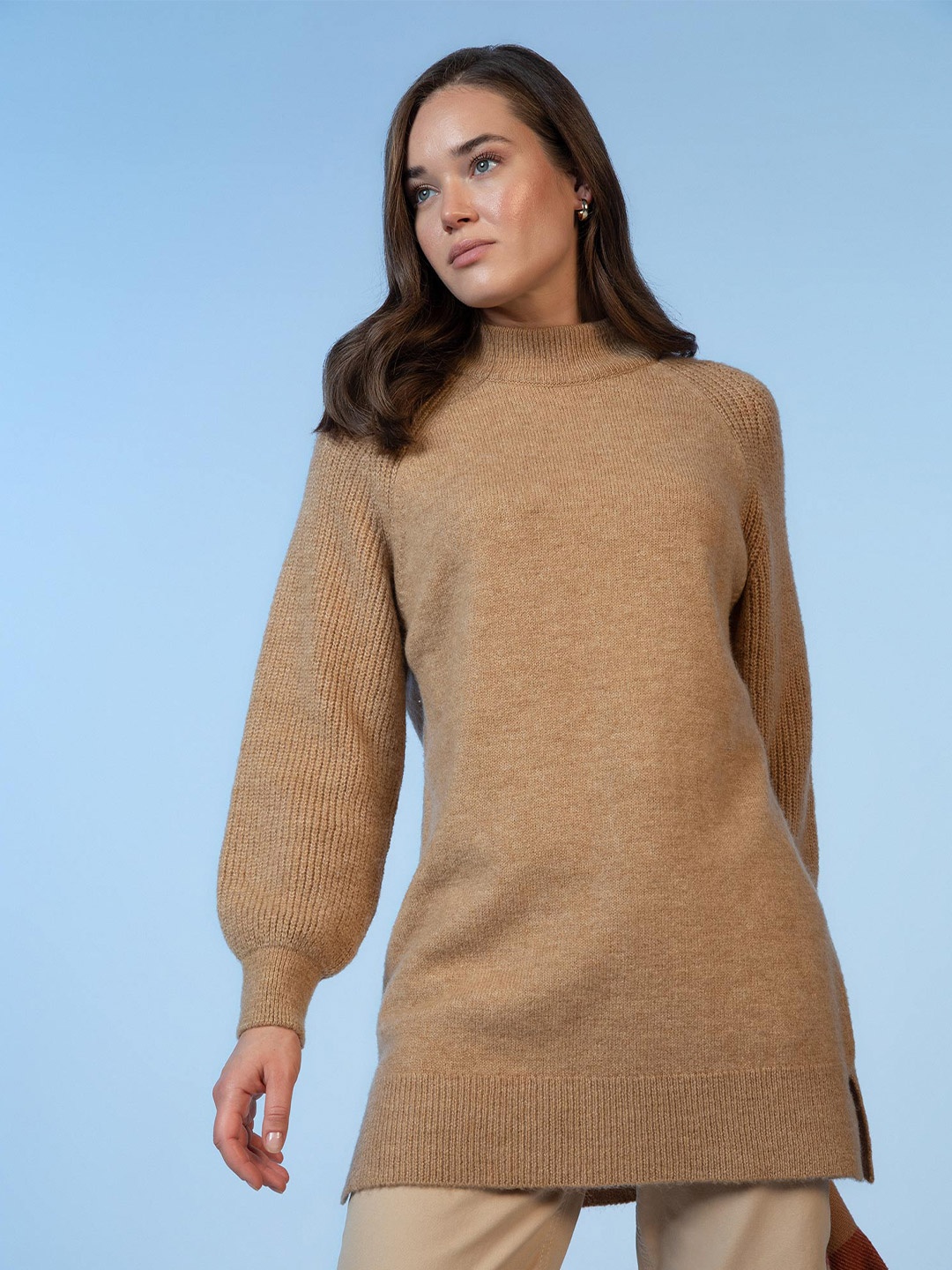 

DeFacto Women Turtle Neck Longline Pullover, Brown