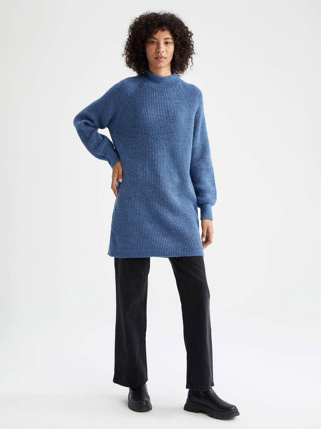 

DeFacto Women Ribbed Longline Pullover, Blue