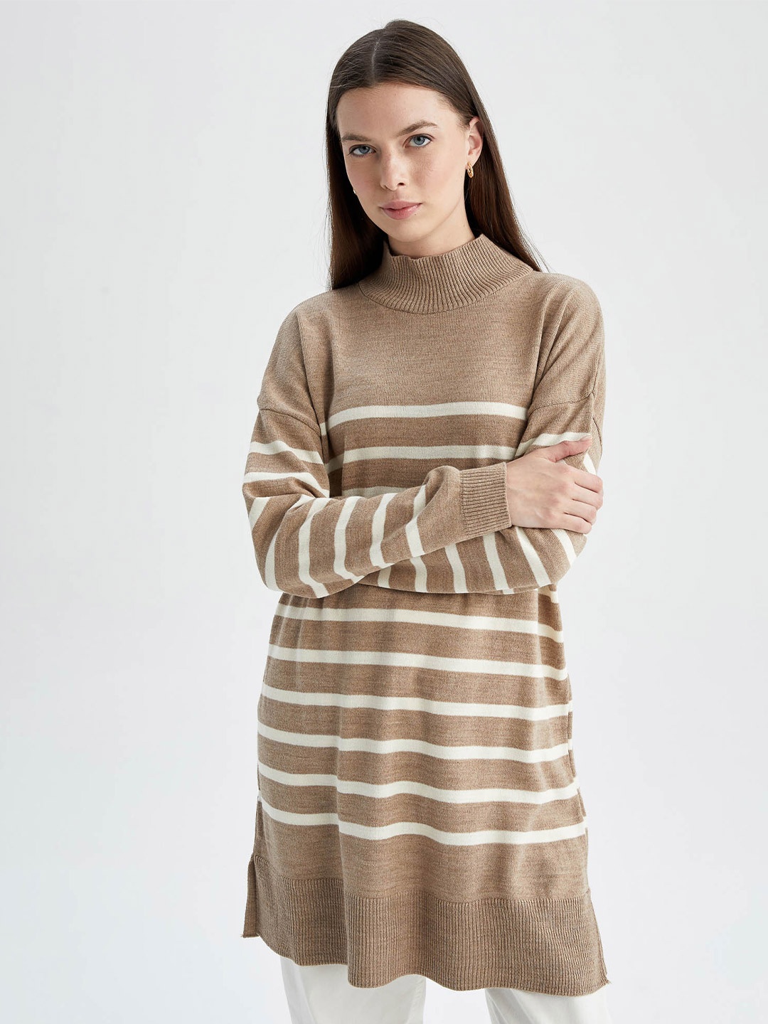 

DeFacto Women Striped Acrylic Longline Pullover, Beige
