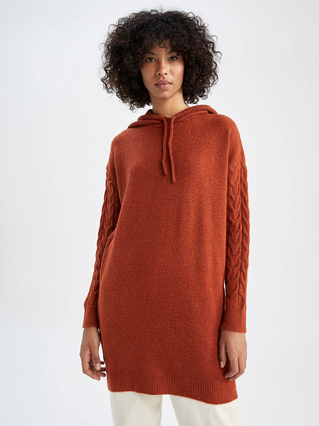

DeFacto Women Hooded Longline Pullover, Brown
