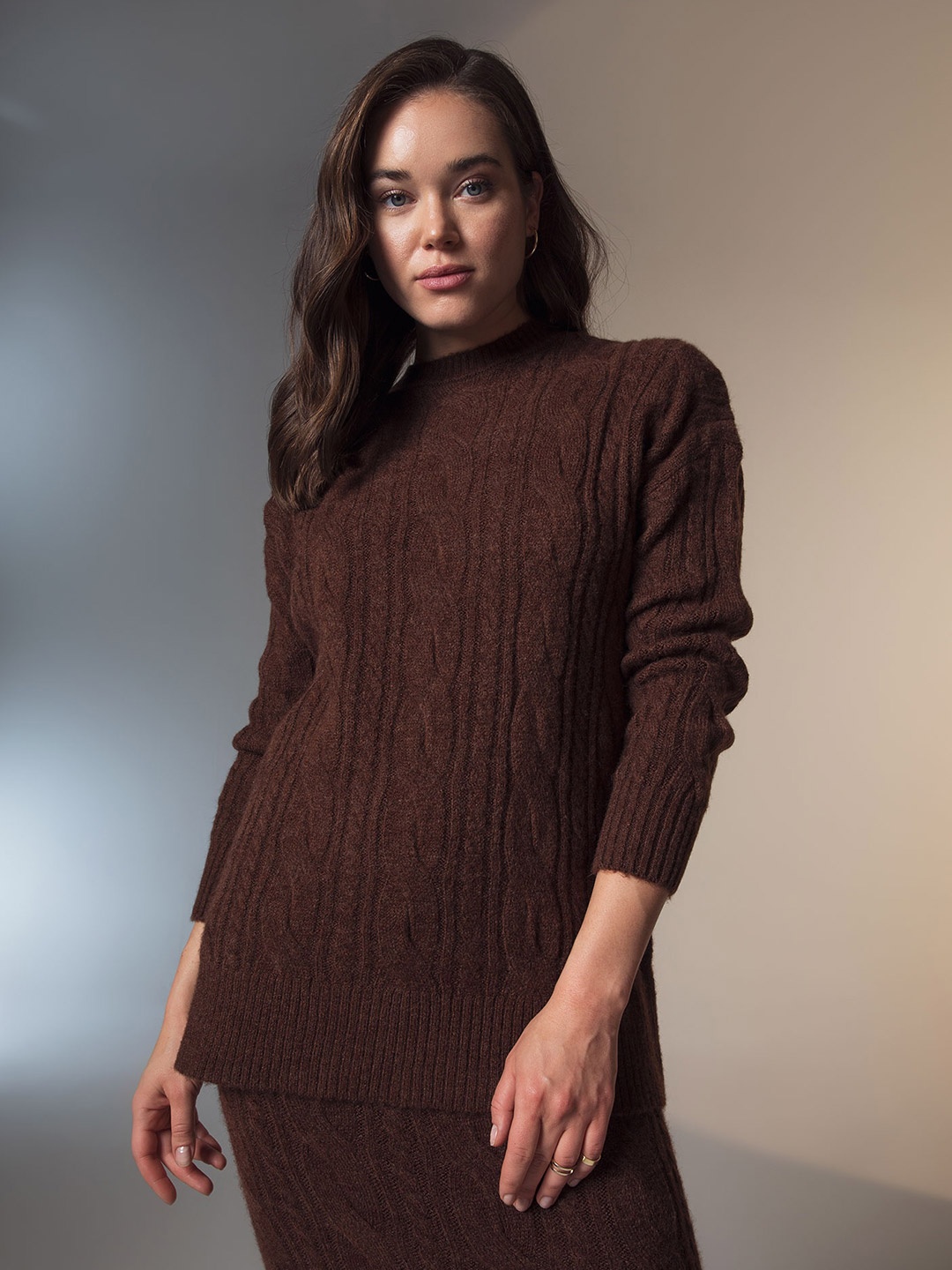 

DeFacto Women Cable Knit Ribbed Pullover, Brown
