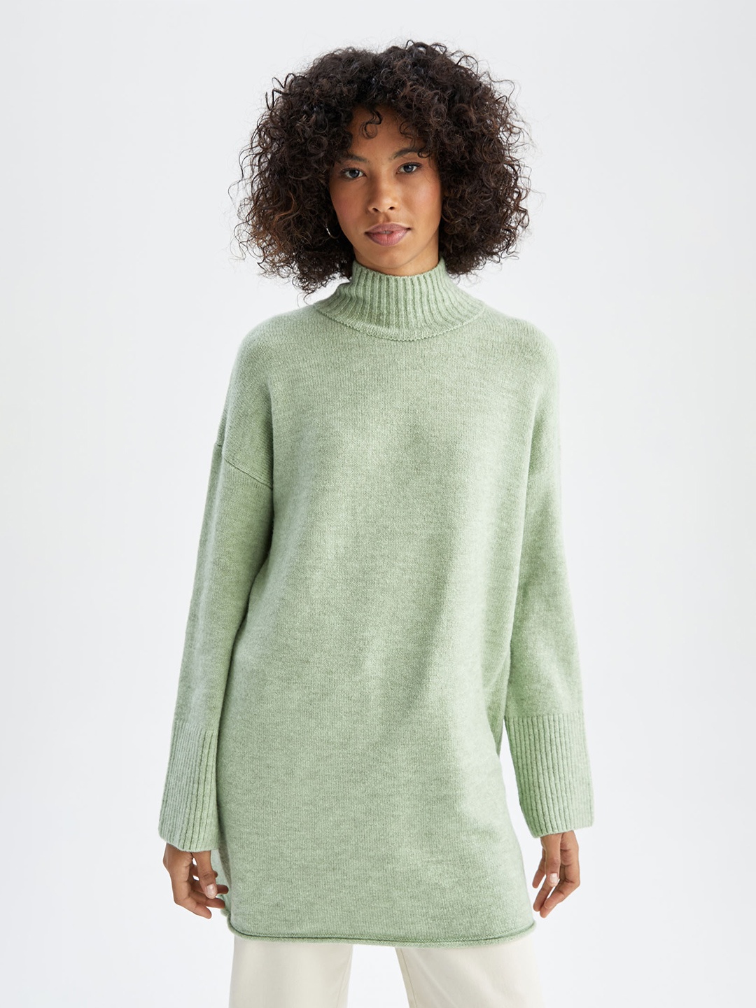 

DeFacto Women Turtle Neck Longline Pullover, Green