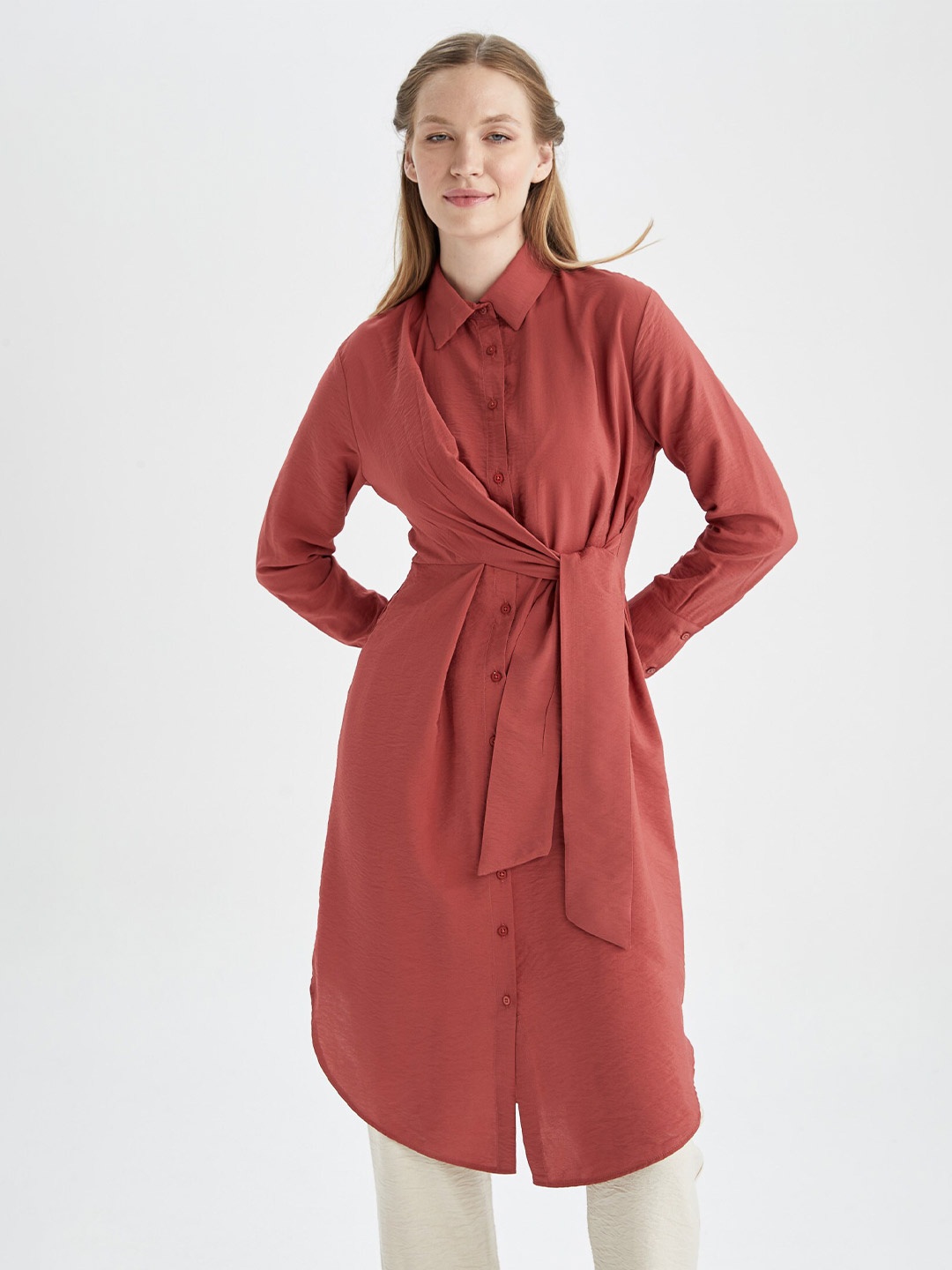 

DeFacto Shirt Collar Tunic With Tie Ups, Orange