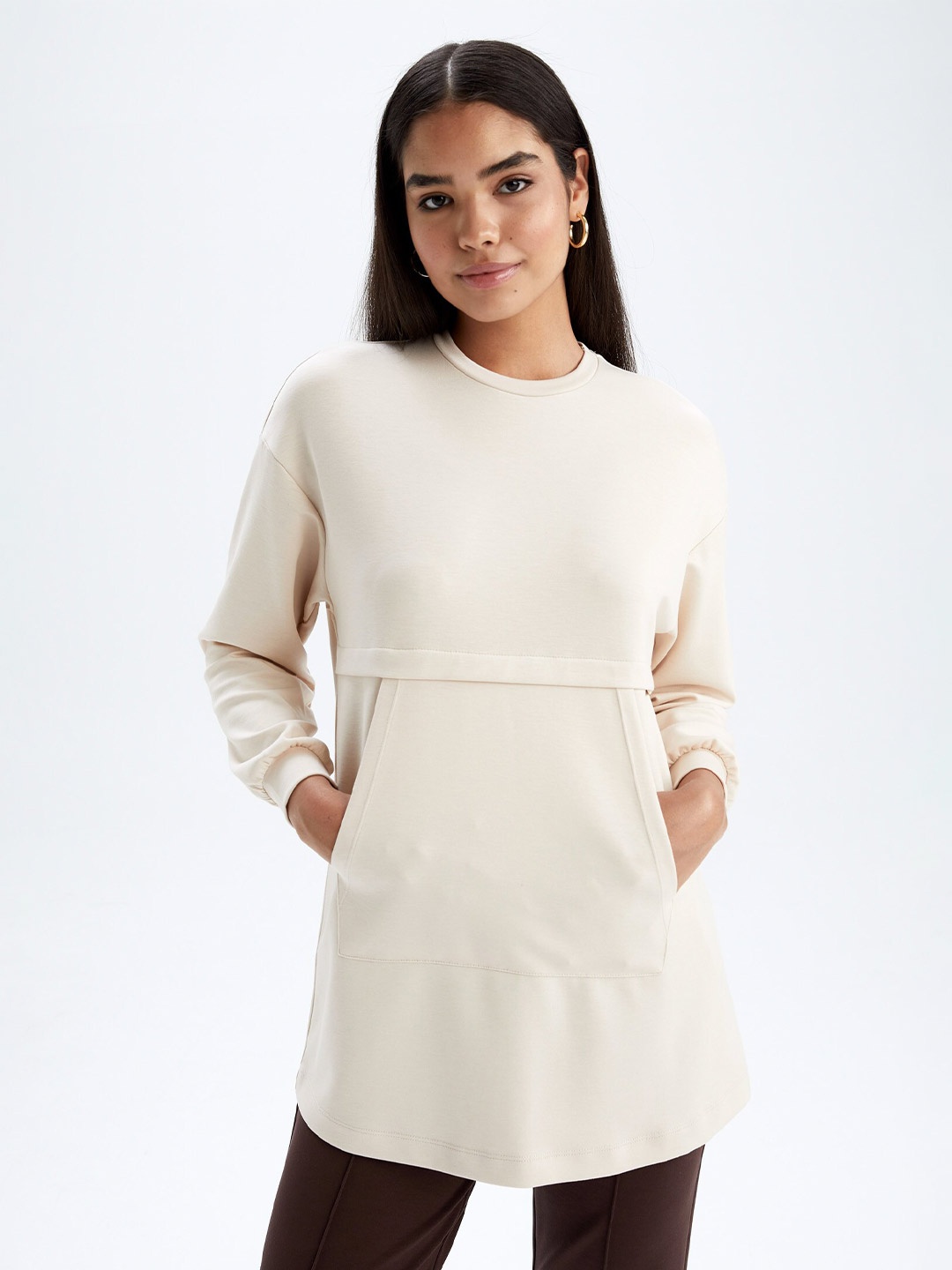 

DeFacto Women Longline Sweatshirt, Beige