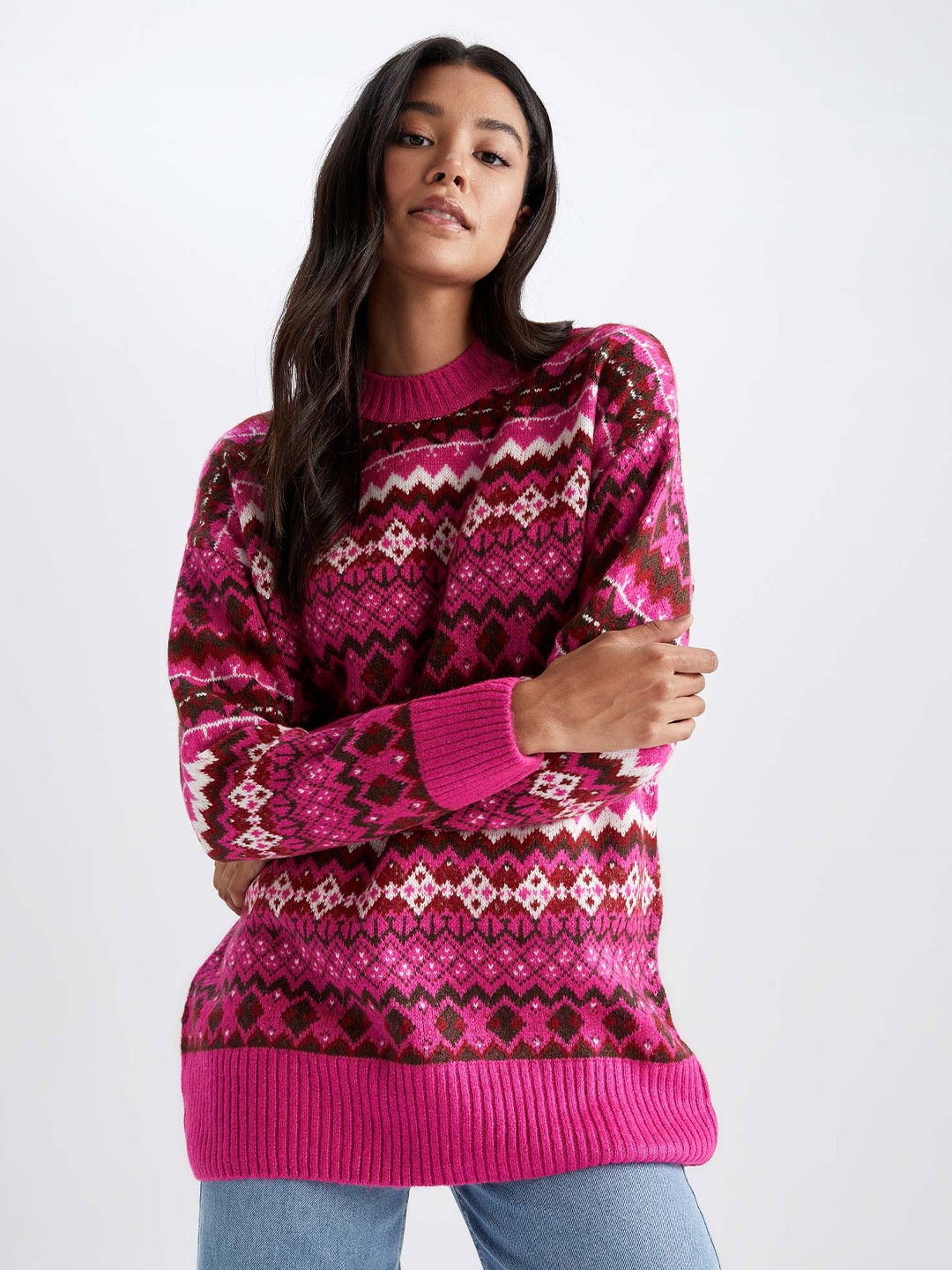 

DeFacto Women Ethnic Motifs Ribbed Pullover, Pink
