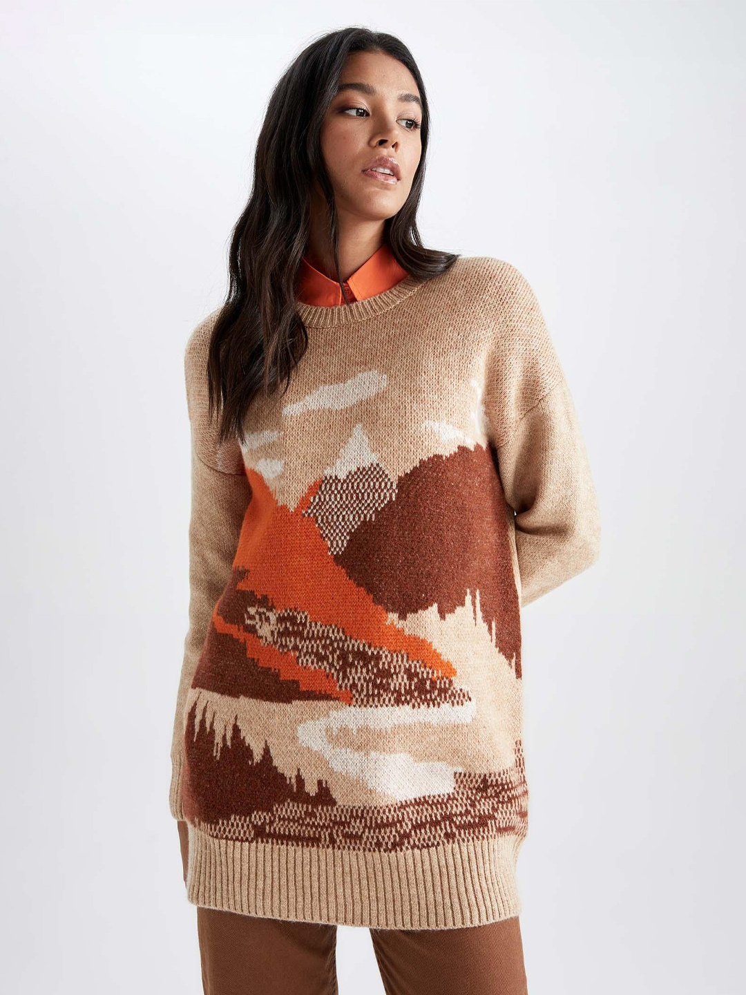 

DeFacto Women Printed Ribbed Pullover, Brown