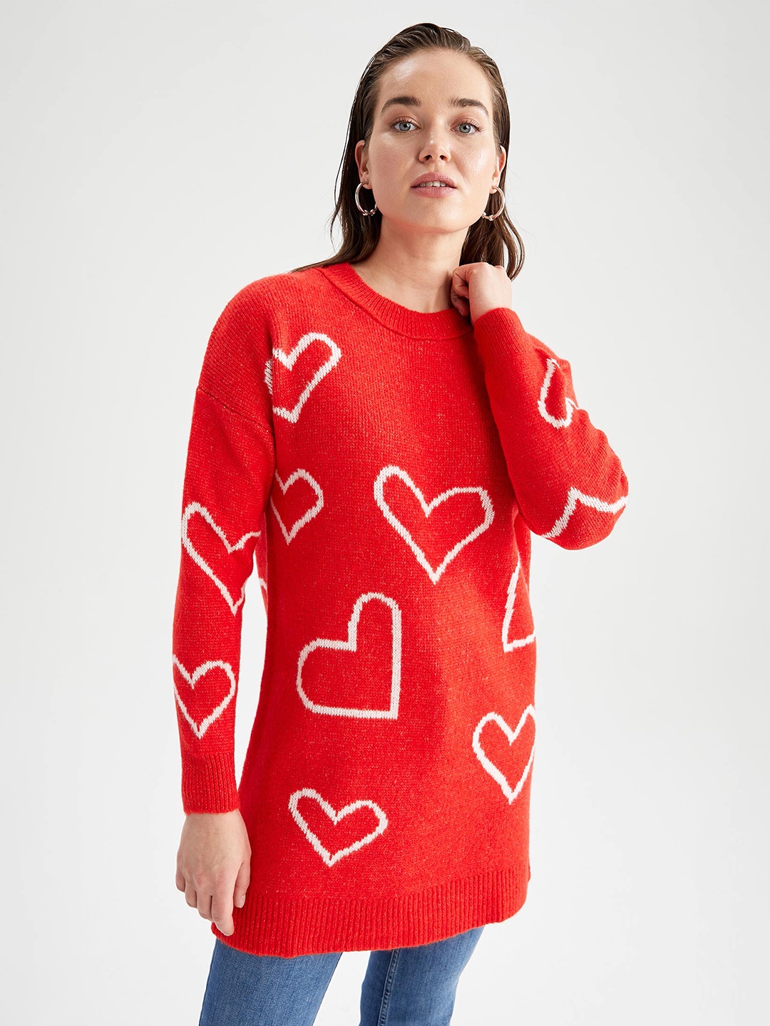 

DeFacto Women Printed Longline Pullover, Red