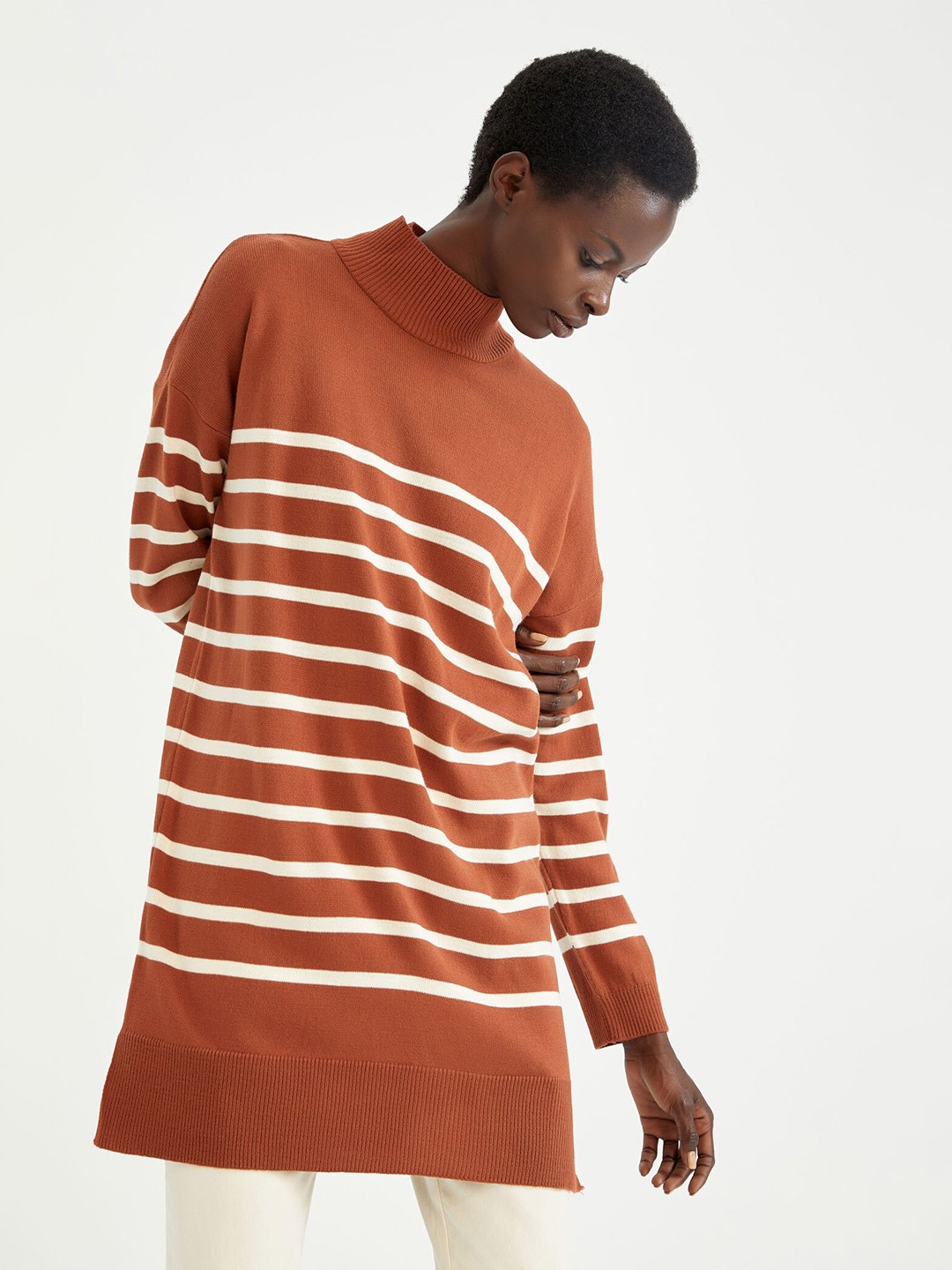 

DeFacto Mock Collar Striped Acrylic Pullover, Brown