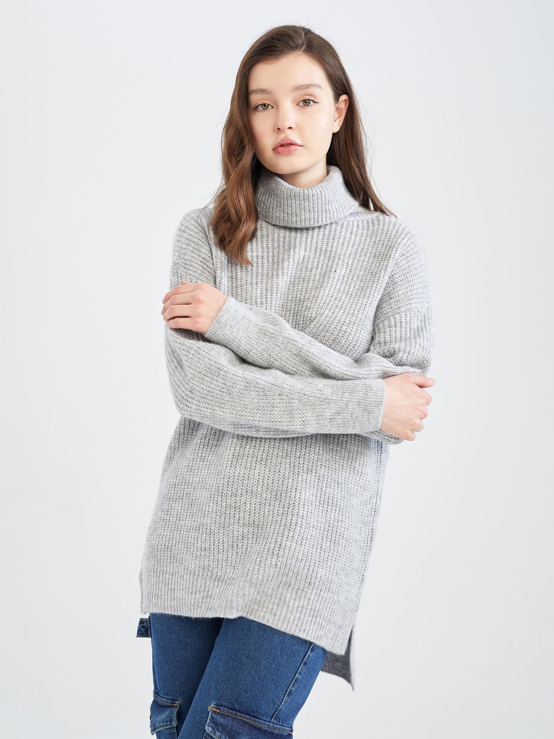 

DeFacto Women Turtle Neck Longline Pullover, Grey