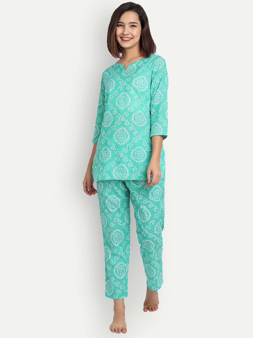 

Haute and Humble Women 2 Pieces Printed Pure Cotton Night suit, Green