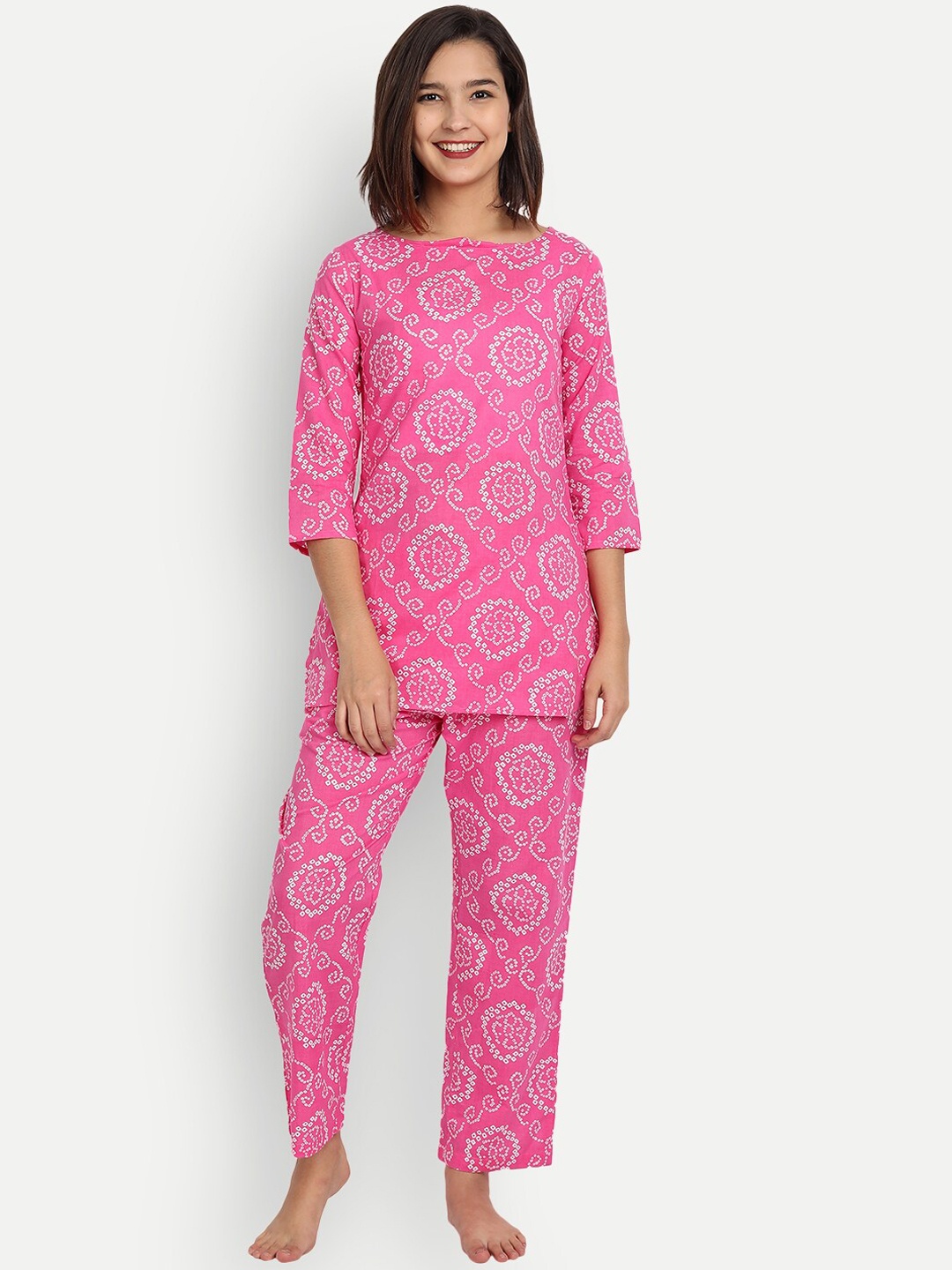 

Haute and Humble Women Ethnic Motif Printed Pure Cotton Night Suit, Pink