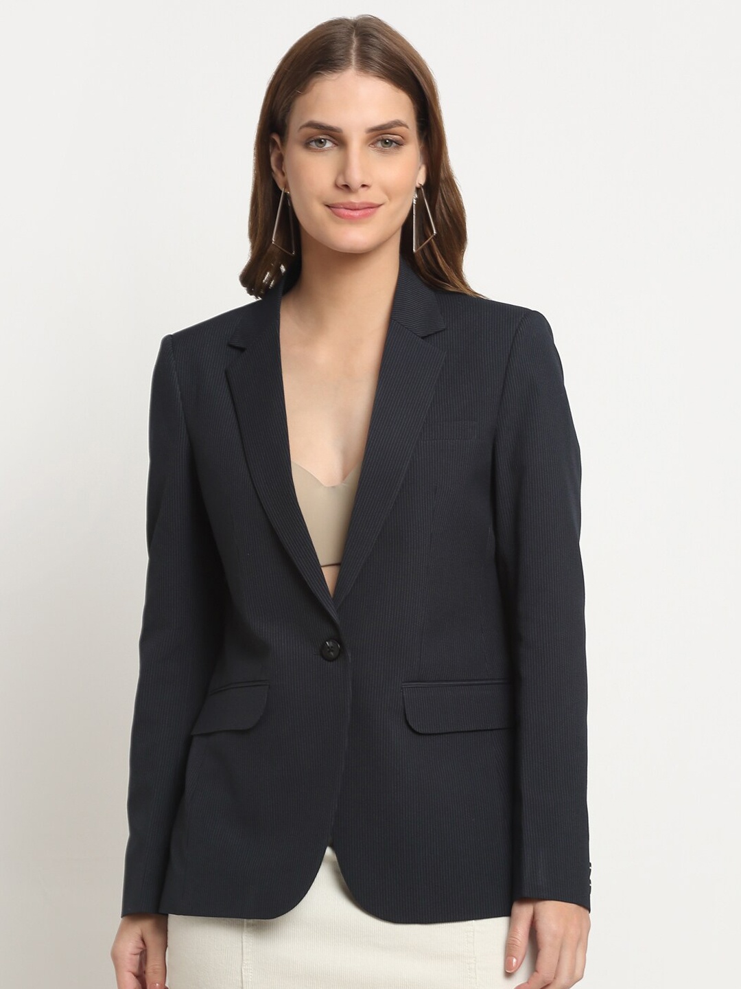 

Ennoble Women Striped Single Breasted Comfort-Fit Blazer, Navy blue