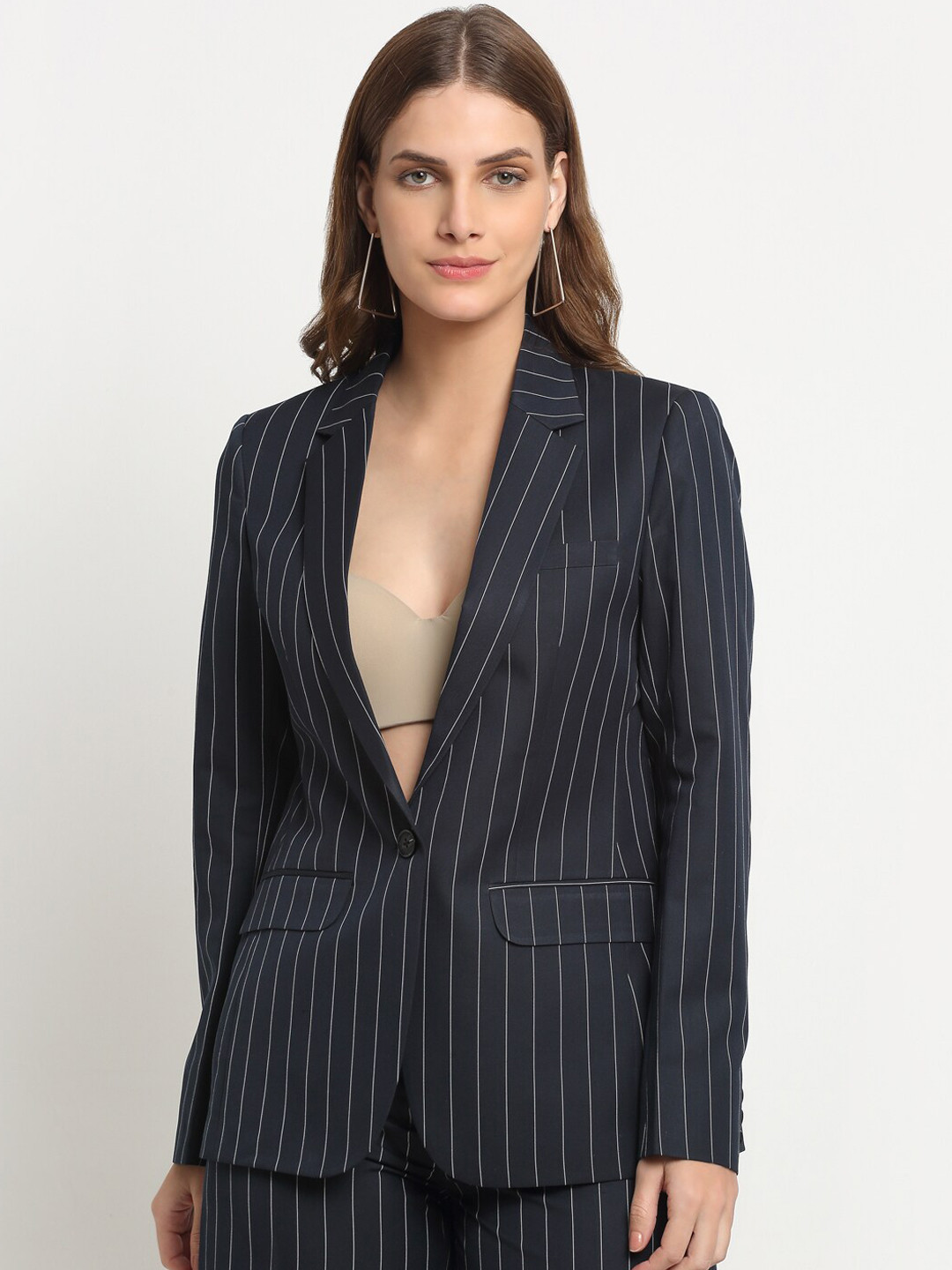 

Ennoble Women Striped Single Breasted Comfort-Fit Blazer, Navy blue