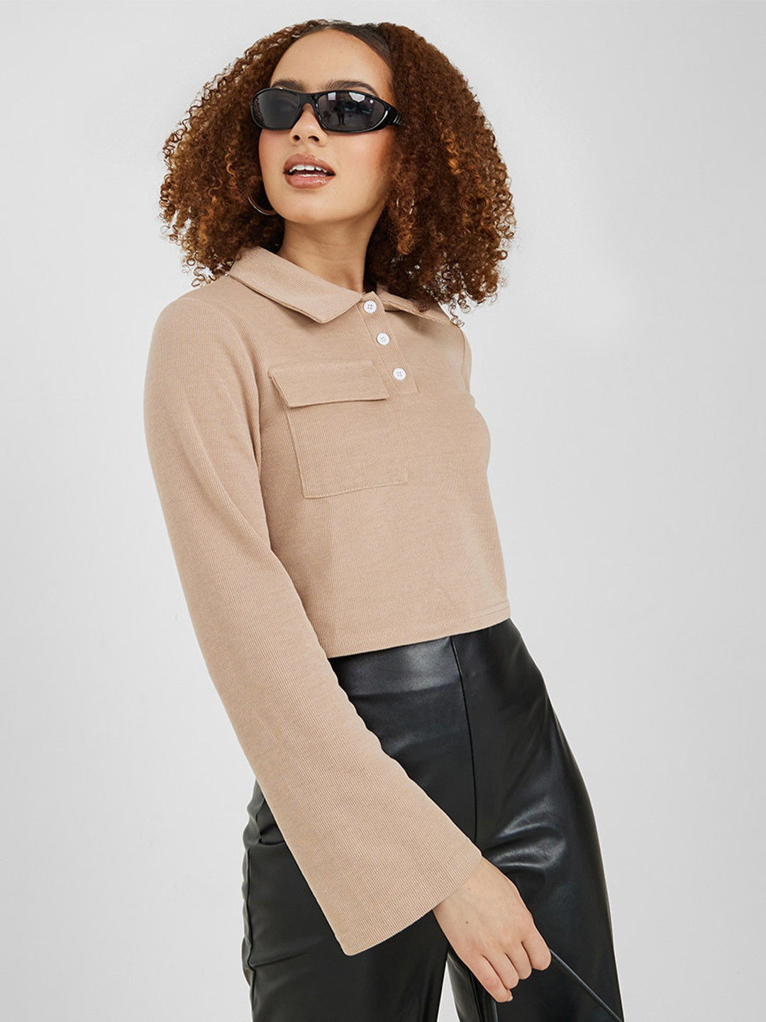 

Styli Women Polo Collar Long Sleeves T-shirt, Beige